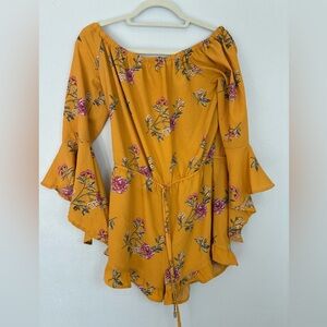 Feathers Mustard Yellow Floral Romper with tie, flouncy bell sleeves